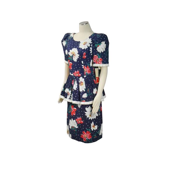 80s WHIZ Navy Multicolor Floral Print Flared Ruffle Peplum Dress Size 11/12 NWT - Picture 8 of 8